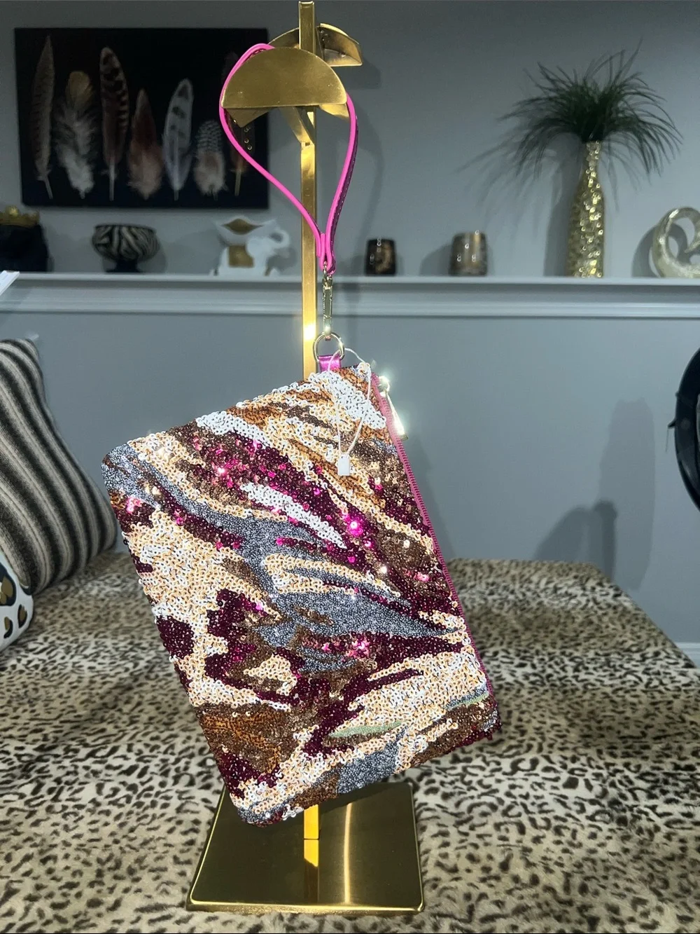 Sequin Wristlet Clutch in Pink, Gold & Silver - Picture 1 of 7